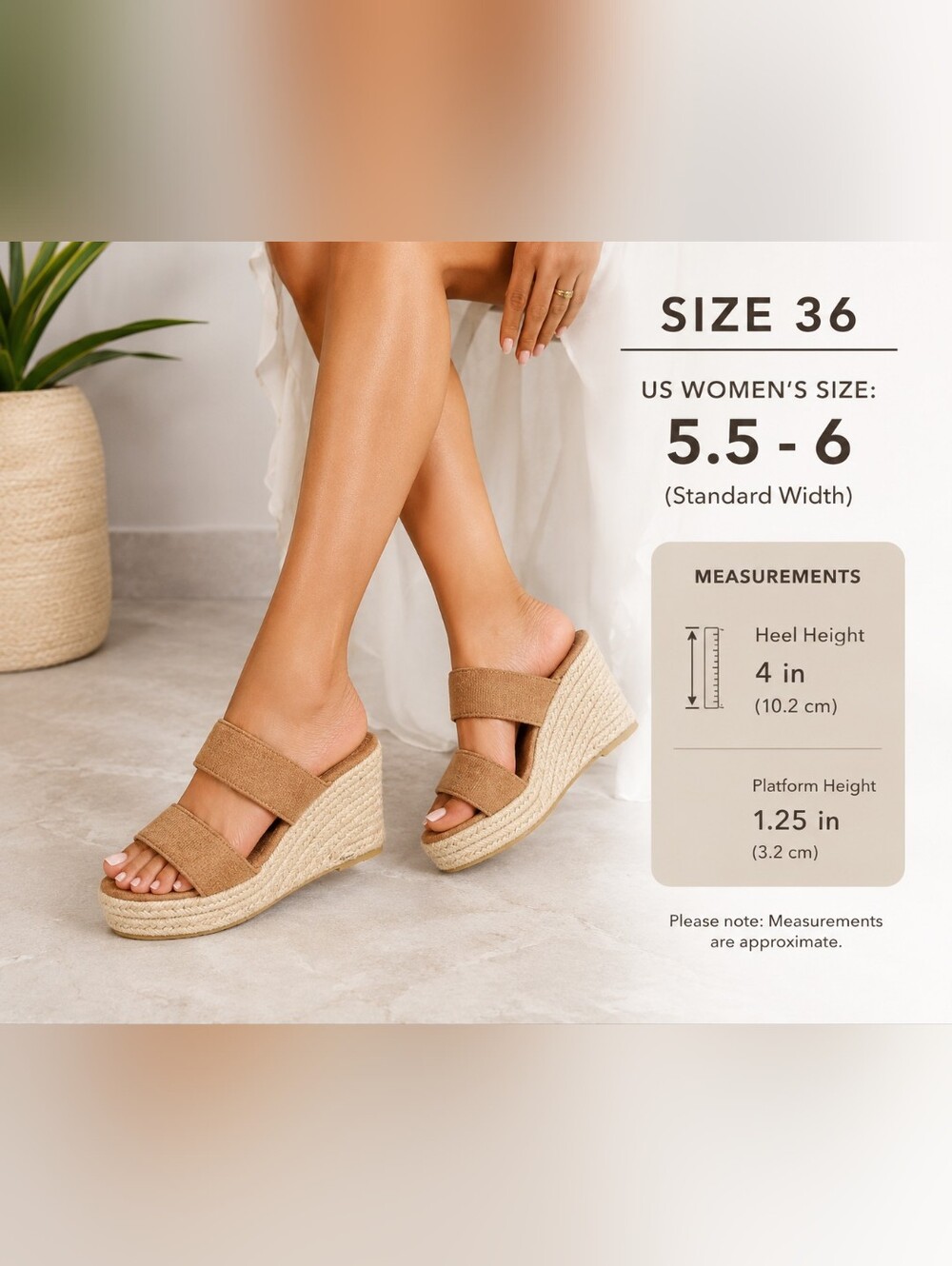 Women’s Tan Espadrille Wedge Sandals Double Strap Platform Slides Size‎ 36